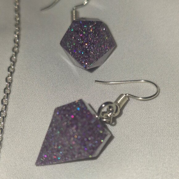 Artisan Handmade Resin Holographic Purple Gem Shape Necklace Earring Jewelry Set - Picture 5 of 6